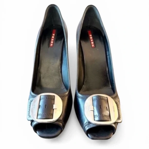 Prada Black Leather Buckle Heels Peep Toe Rare Vintage / EU 41 - Picture 2 of 14